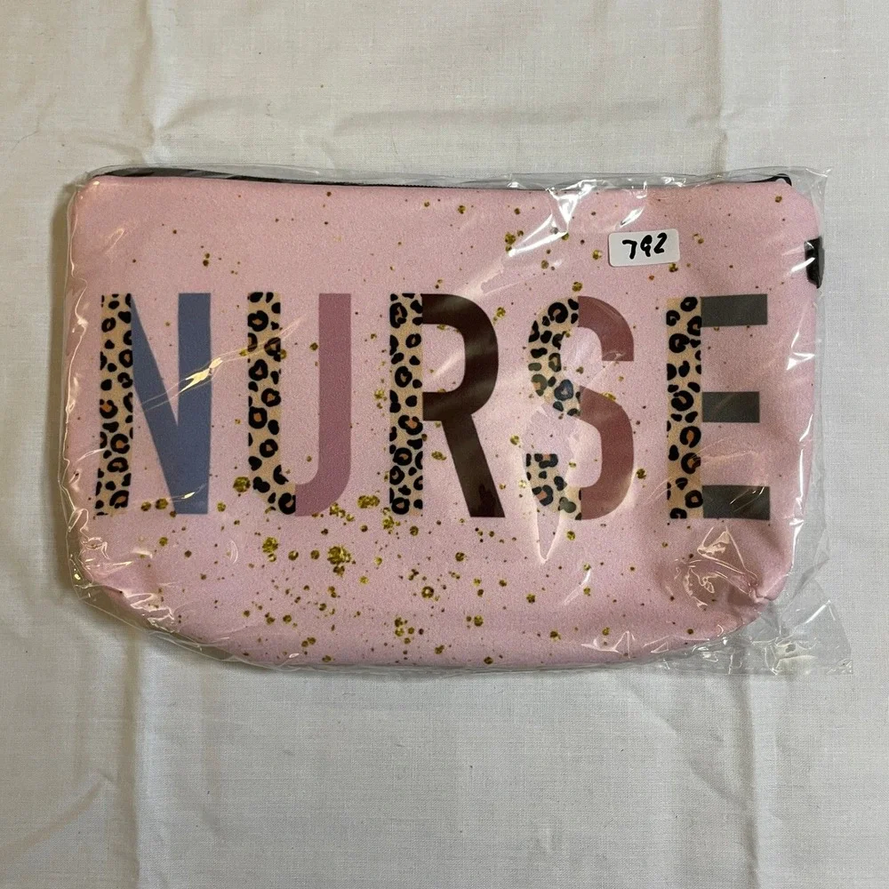 The Pouch Nurse Cosmetic Bag Womens Small Pink NWT Leopard Print Glitter Accent